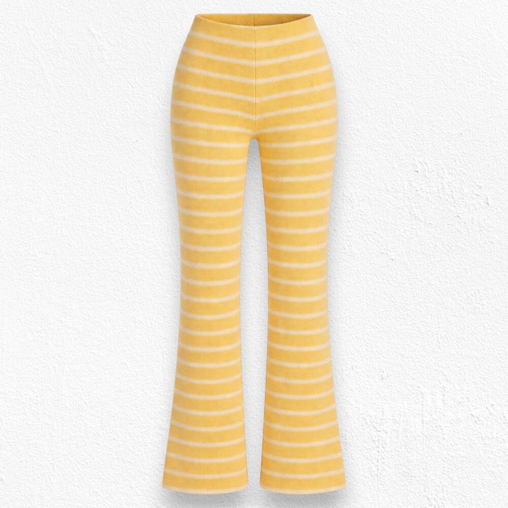 Zara Yellow White Striped Knit Flare Pull On Womens Wide Leg Pants Size Small
